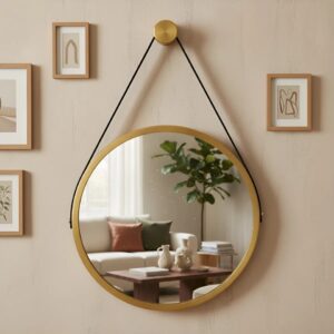 Espelho Redondo Decorativo Suspenso Alça 60cm Cores Premium Moldura Dourado C/ Alça Preta